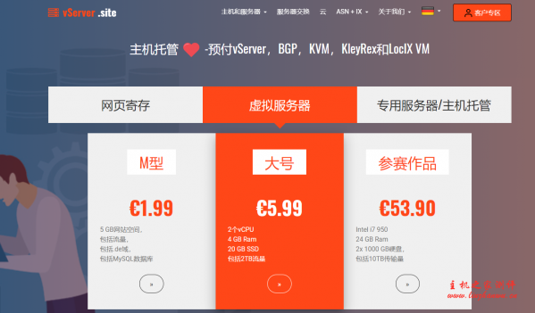 vServer.site：€2/月/1GB内存/5GB SSD空间/不限流量/200Mbps端口/KVM/德国-博悦天下